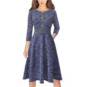imageVFSHOW Womens Buttons Pockets Office Business ALine Dresses 34 Sleeves Work Crew Neck Tweed Trim Fit and Flare Swing DressBlue Tweed