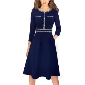 imageVFSHOW Womens Buttons Pockets Office Business ALine Dresses 34 Sleeves Work Crew Neck Tweed Trim Fit and Flare Swing DressNavy Blue