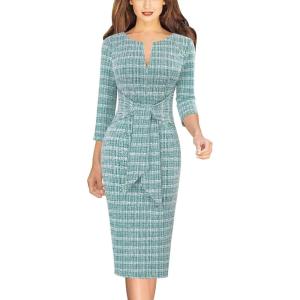 imageVFSHOW Womens Front Zipper Tie Waist Bow 34 Sleeve Slim Fitted Work Business Office Party Bodycon Pencil Sheath DressTeal Green Tweed