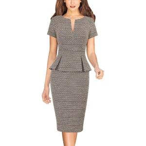 imageVFSHOW Womens Work Business Office Front Zipper Peplum Bodycon Dresses Elegant Short Sleeve Slim Church Pencil Sheath DressApricot Plaid Tweed