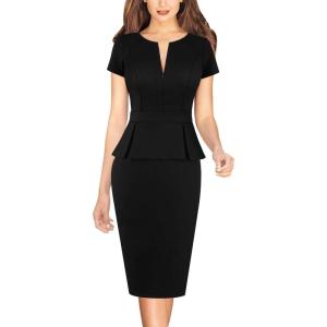 imageVFSHOW Womens Work Business Office Front Zipper Peplum Bodycon Dresses Elegant Short Sleeve Slim Church Pencil Sheath DressBlack
