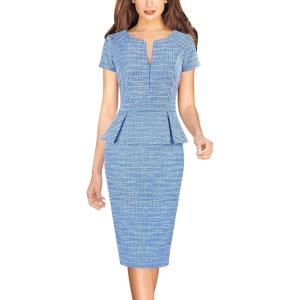 imageVFSHOW Womens Work Business Office Front Zipper Peplum Bodycon Dresses Elegant Short Sleeve Slim Church Pencil Sheath DressBlue White Tweed