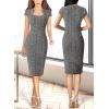 imageVFSHOW Womens Square Neck Work Office Business Bodycon Dress 1950s Cap Sleeve Elegant Church Slim Fitted Pencil Sheath DressBlack Tweed