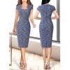 imageVFSHOW Womens Square Neck Work Office Business Bodycon Dress 1950s Cap Sleeve Elegant Church Slim Fitted Pencil Sheath DressBlue Tweed