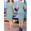 imageVFSHOW Womens Square Neck Work Office Business Bodycon Dress 1950s Cap Sleeve Elegant Church Slim Fitted Pencil Sheath DressTeal Green Tweed