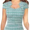 imageVFSHOW Womens Square Neck Work Office Business Bodycon Dress 1950s Cap Sleeve Elegant Church Slim Fitted Pencil Sheath DressTeal Green Tweed
