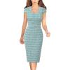 imageVFSHOW Womens Square Neck Work Office Business Bodycon Dress 1950s Cap Sleeve Elegant Church Slim Fitted Pencil Sheath DressTeal Green Tweed