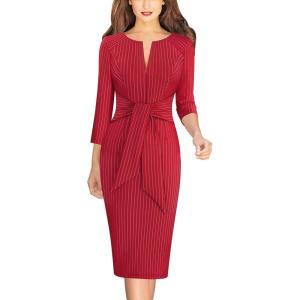 imageVFSHOW Womens Front Zipper Tie Waist Bow 34 Sleeve Slim Fitted Work Business Office Party Bodycon Pencil Sheath DressRed With White Stripes