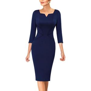 imageVFSHOW Womens Notch V Neck Work Office Business Bodycon Pencil Sheath DressNavy Blue