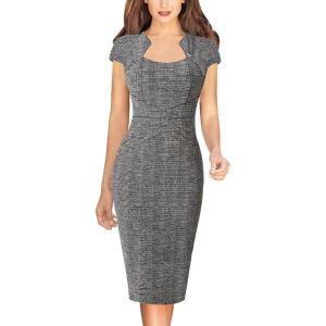 imageVFSHOW Womens Square Neck Work Office Business Bodycon Dress 1950s Cap Sleeve Elegant Church Slim Fitted Pencil Sheath DressBlack Tweed