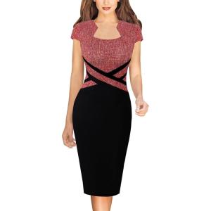 imageVFSHOW Womens Square Neck Work Office Business Bodycon Dress 1950s Cap Sleeve Elegant Church Slim Fitted Pencil Sheath DressRed Tweed  Black