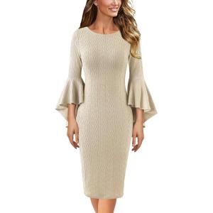 imageVFSHOW Womens Ruffle Bell Sleeves Cocktail Party Wedding Guest Slim Bodycon Graduation Birthday Party Pencil Sheath DressBeige Knit