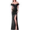 imageVFSHOW Womens Off Shoulder Feather Ruched Prom Formal Wedding Guest Maxi Dress 2023 Sexy Sweetheart Neck Split Evening GownSparkly Black
