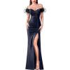 imageVFSHOW Womens Off Shoulder Feather Ruched Prom Formal Wedding Guest Maxi Dress 2023 Sexy Sweetheart Neck Split Evening GownSparkly Navy Blue
