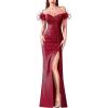 imageVFSHOW Womens Off Shoulder Feather Ruched Prom Formal Wedding Guest Maxi Dress 2023 Sexy Sweetheart Neck Split Evening GownSparkly Red