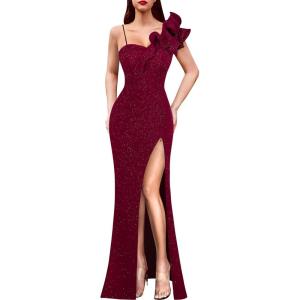 imageVFSHOW Womens Ruffle One Shoulder Strap Ruched Formal Prom Wedding Maxi Dress V Neck Elegant Split Cocktail Evening Long GownSparkly Dark Red