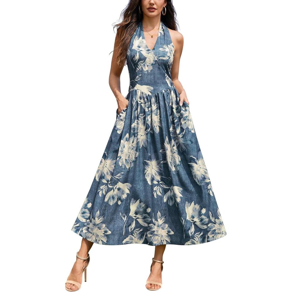 imageVFSHOW Womens Casual Halter V Neck Midi Long Dress Wedding Guest Beach Flowy A Line Smocked SundressBlue Floral Print