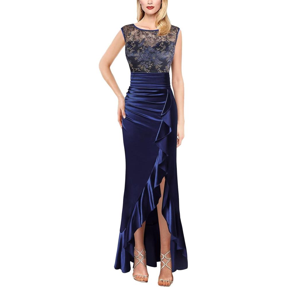 imageVFSHOW Womens Prom Illusion Sweetheart Formal Maxi Dress Cocktail Patchwork Ruched Ruffle High Split Evening Long GownDark Blue Satin  Contrast Floral Lace