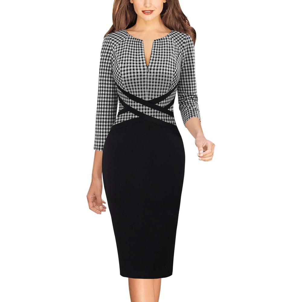 imageVFSHOW Womens Work Business Casual 34 Sleeve Slimming Fitted Front Zipper Crisscross Waist Office Party Pencil Sheath DressBlack and White Gingham Plaid