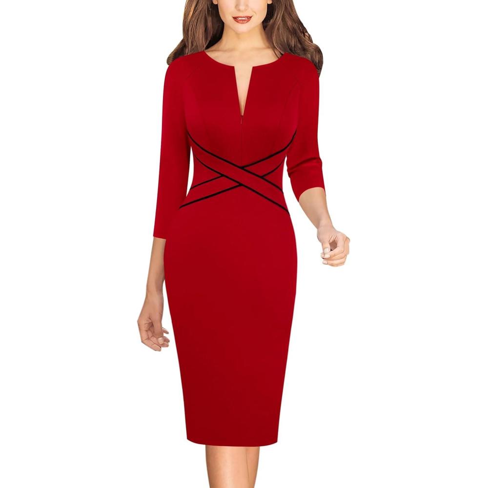 imageVFSHOW Womens Work Business Casual 34 Sleeve Slimming Fitted Front Zipper Crisscross Waist Office Party Pencil Sheath DressRed