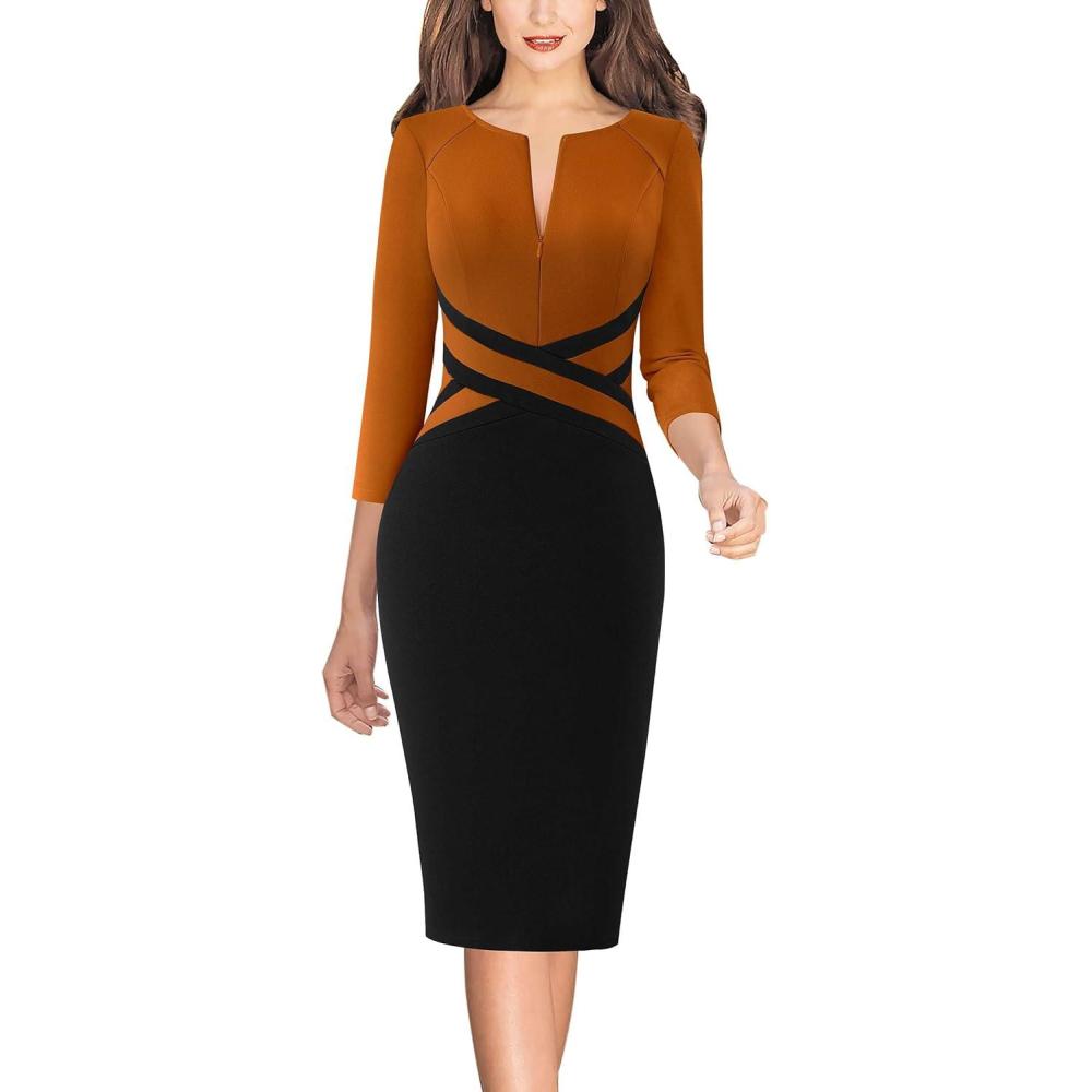imageVFSHOW Womens Work Business Casual 34 Sleeve Slimming Fitted Front Zipper Crisscross Waist Office Party Pencil Sheath DressRust Orangeblack