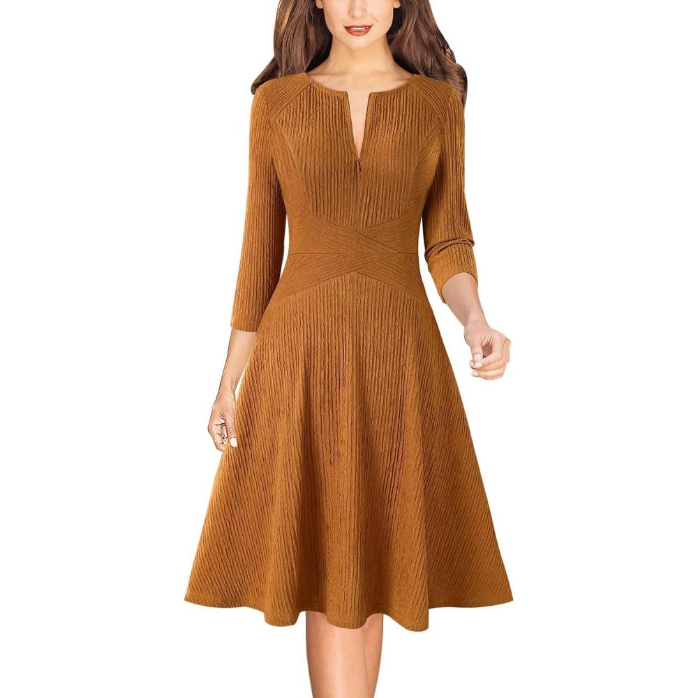 imageVFSHOW Womens Work Business Front Zipper ALine Dresses 34 Sleeve Office Church Fit and Flare Skater Swing Knee Length DressBrown Texture