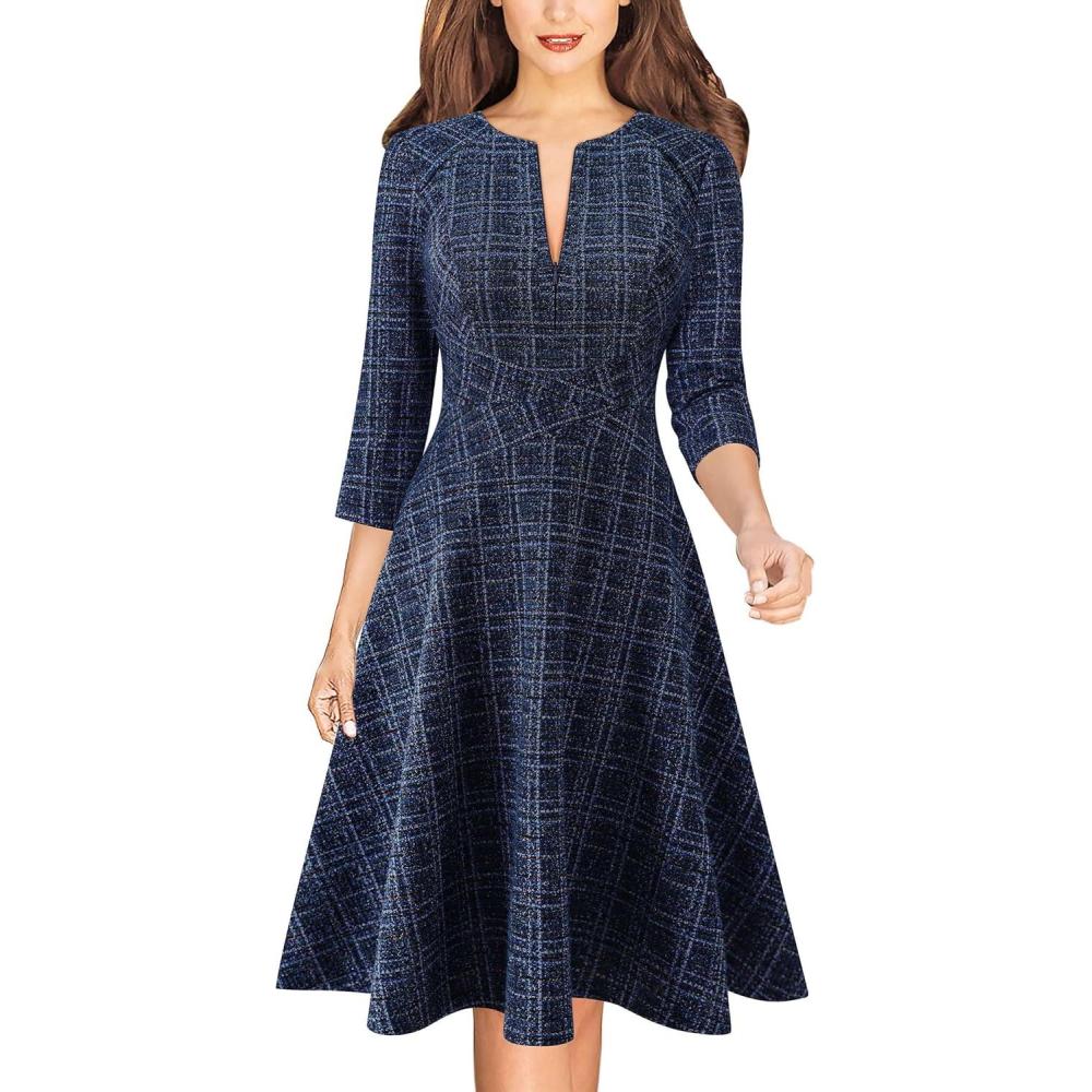 imageVFSHOW Womens Work Business Front Zipper ALine Dresses 34 Sleeve Office Church Fit and Flare Skater Swing Knee Length DressDark Blue Tweed