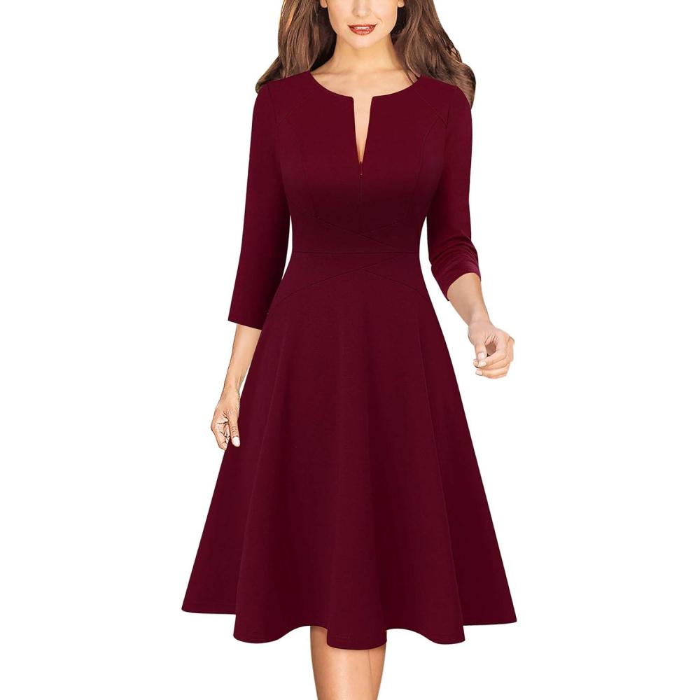 imageVFSHOW Womens Work Business Front Zipper ALine Dresses 34 Sleeve Office Church Fit and Flare Skater Swing Knee Length DressDark Red