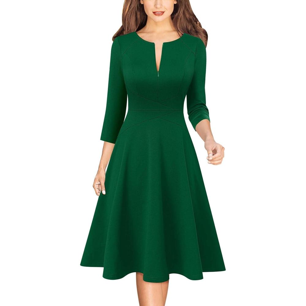 imageVFSHOW Womens Work Business Front Zipper ALine Dresses 34 Sleeve Office Church Fit and Flare Skater Swing Knee Length DressGreen