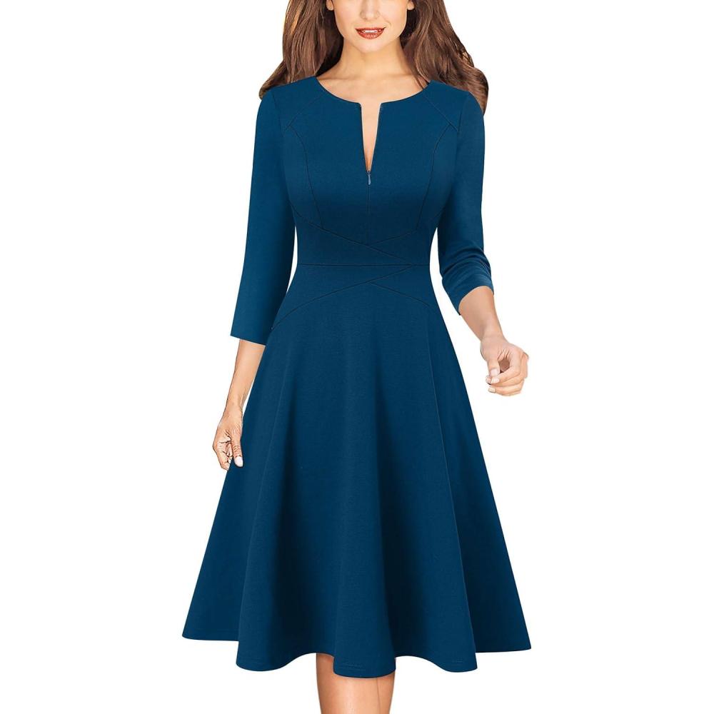 imageVFSHOW Womens Work Business Front Zipper ALine Dresses 34 Sleeve Office Church Fit and Flare Skater Swing Knee Length DressPeacock Blue