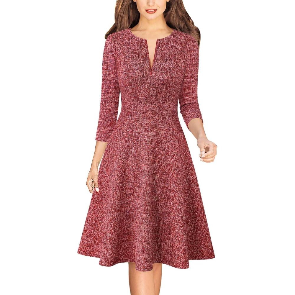 imageVFSHOW Womens Work Business Front Zipper ALine Dresses 34 Sleeve Office Church Fit and Flare Skater Swing Knee Length DressRed Tweed