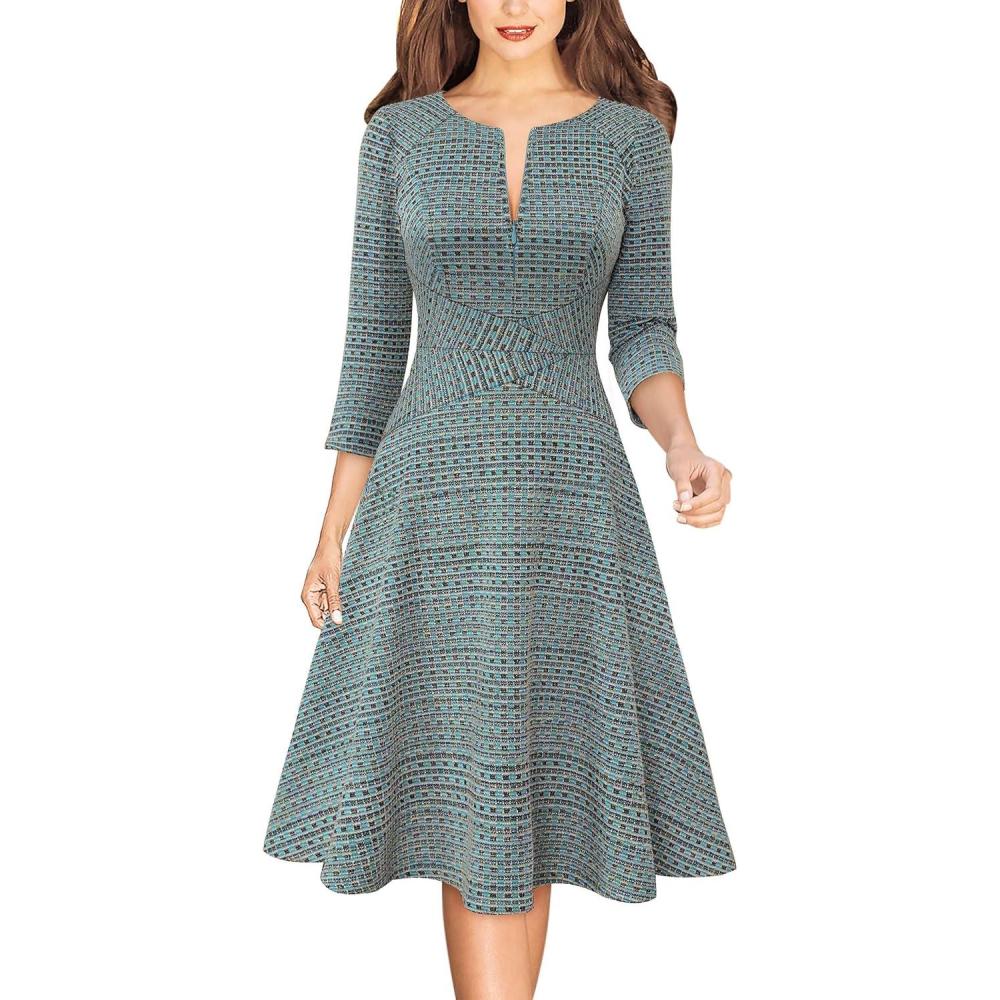 imageVFSHOW Womens Work Business Front Zipper ALine Dresses 34 Sleeve Office Church Fit and Flare Skater Swing Knee Length DressTeal Green Tweed