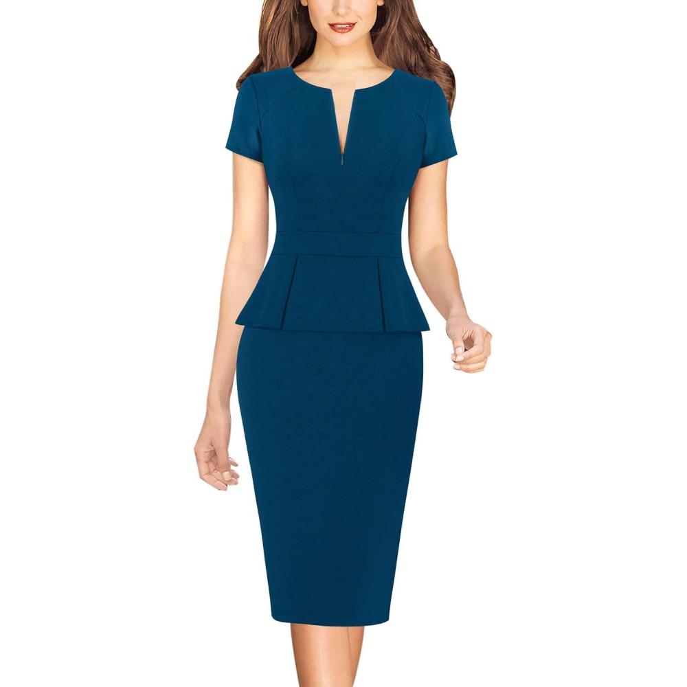 imageVFSHOW Womens Work Business Office Front Zipper Peplum Bodycon Dresses Elegant Short Sleeve Slim Church Pencil Sheath DressPeacock Blue