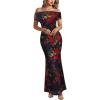 imageVFSHOW Womens 2025 One Shoulder Wedding Guest Bodycon Maxi Dress Sexy Off The Shoulder Fitted Formal Long Cocktail DressesBlack With Red Floral Print