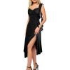 imageVFSHOW Womens Cowl Neck Ruffle Spaghetti Strap Wedding Guest Midi Dress Ruched Slit Formal Cocktail Evening Party DressesBlack