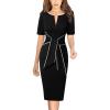 imageVFSHOW Womens Front Zipper Tie Waist Bow Short Sleeve Slim Fitted Work Business Office Party Bodycon Pencil Sheath DressBlack and White Piping