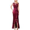 imageVFSHOW Womens Prom Illusion Sweetheart Formal Maxi Dress Cocktail Patchwork Ruched Ruffle High Split Evening Long GownDark Red Floral Embroiderysatin