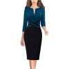 imageVFSHOW Womens Work Business Casual 34 Sleeve Slimming Fitted Front Zipper Crisscross Waist Office Party Pencil Sheath DressPeacock Blueblack