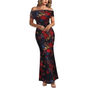 imageVFSHOW Womens 2025 One Shoulder Wedding Guest Bodycon Maxi Dress Sexy Off The Shoulder Fitted Formal Long Cocktail DressesBlack With Red Floral Print