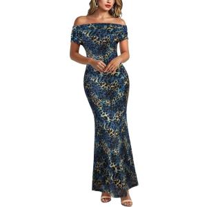 imageVFSHOW Womens 2025 One Shoulder Wedding Guest Bodycon Maxi Dress Sexy Off The Shoulder Fitted Formal Long Cocktail DressesBlue and Black Leopard Print