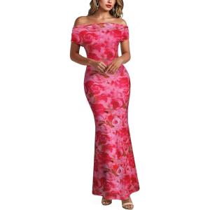 imageVFSHOW Womens 2025 One Shoulder Wedding Guest Bodycon Maxi Dress Sexy Off The Shoulder Fitted Formal Long Cocktail DressesPink Floral Print
