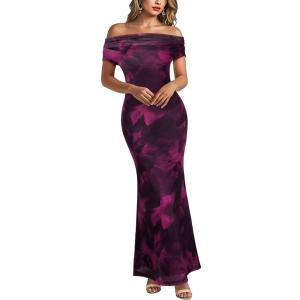 imageVFSHOW Womens 2025 One Shoulder Wedding Guest Bodycon Maxi Dress Sexy Off The Shoulder Fitted Formal Long Cocktail DressesPurple Floral Print