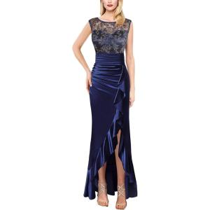 imageVFSHOW Womens Prom Illusion Sweetheart Formal Maxi Dress Cocktail Patchwork Ruched Ruffle High Split Evening Long GownDark Blue Satin  Contrast Floral Lace