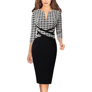 imageVFSHOW Womens Work Business Casual 34 Sleeve Slimming Fitted Front Zipper Crisscross Waist Office Party Pencil Sheath DressBlack White Tweed  Black