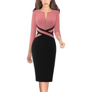imageVFSHOW Womens Work Business Casual 34 Sleeve Slimming Fitted Front Zipper Crisscross Waist Office Party Pencil Sheath DressDusty Pinkblack