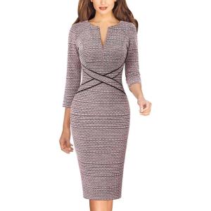 imageVFSHOW Womens Work Business Casual 34 Sleeve Slimming Fitted Front Zipper Crisscross Waist Office Party Pencil Sheath DressPink Tweed With Black Piping