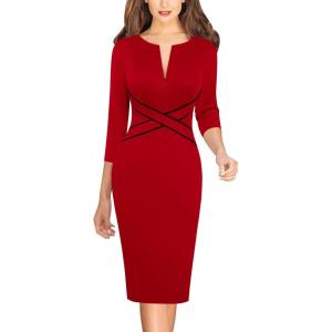 imageVFSHOW Womens Work Business Casual 34 Sleeve Slimming Fitted Front Zipper Crisscross Waist Office Party Pencil Sheath DressRed