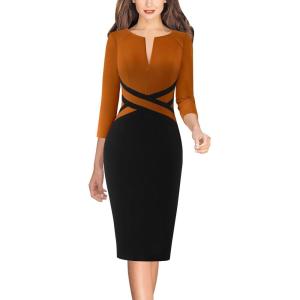 imageVFSHOW Womens Work Business Casual 34 Sleeve Slimming Fitted Front Zipper Crisscross Waist Office Party Pencil Sheath DressRust Orangeblack