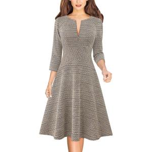 imageVFSHOW Womens Work Business Front Zipper ALine Dresses 34 Sleeve Office Church Fit and Flare Skater Swing Knee Length DressBeige Tweed