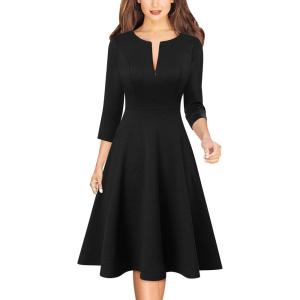 imageVFSHOW Womens Work Business Front Zipper ALine Dresses 34 Sleeve Office Church Fit and Flare Skater Swing Knee Length DressBlack